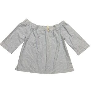 NEW  Off Shoulder Top Womens Large Blue White Striped Coastal Cotton Blouse
